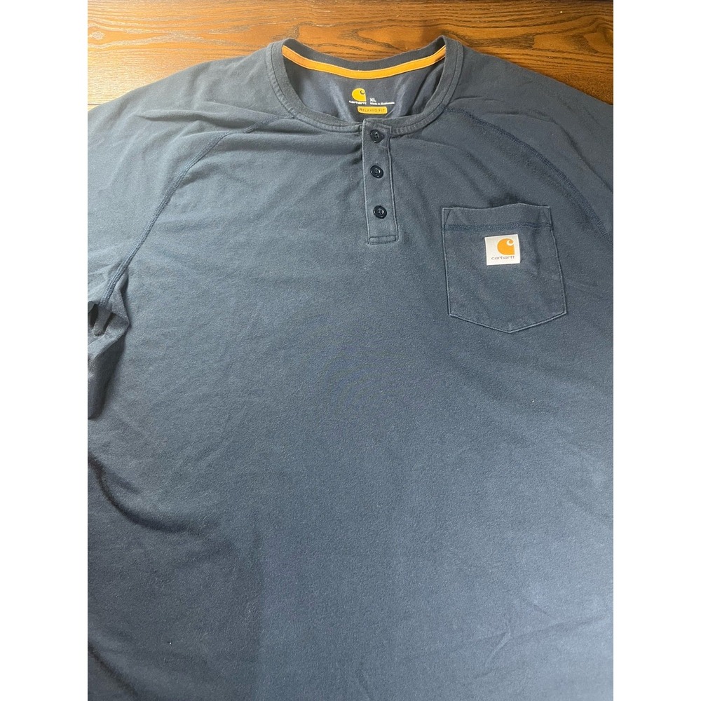 Carhartt Henley T Shirt Mens XL Relaxe Fit Pocket Blue Workwear Outdoors Buttons
